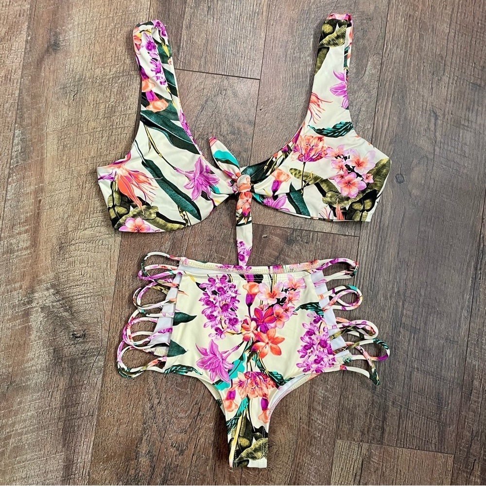 Dippin' Daisy's Floral High-Waist Bikini Set - Cream, Pink, Green